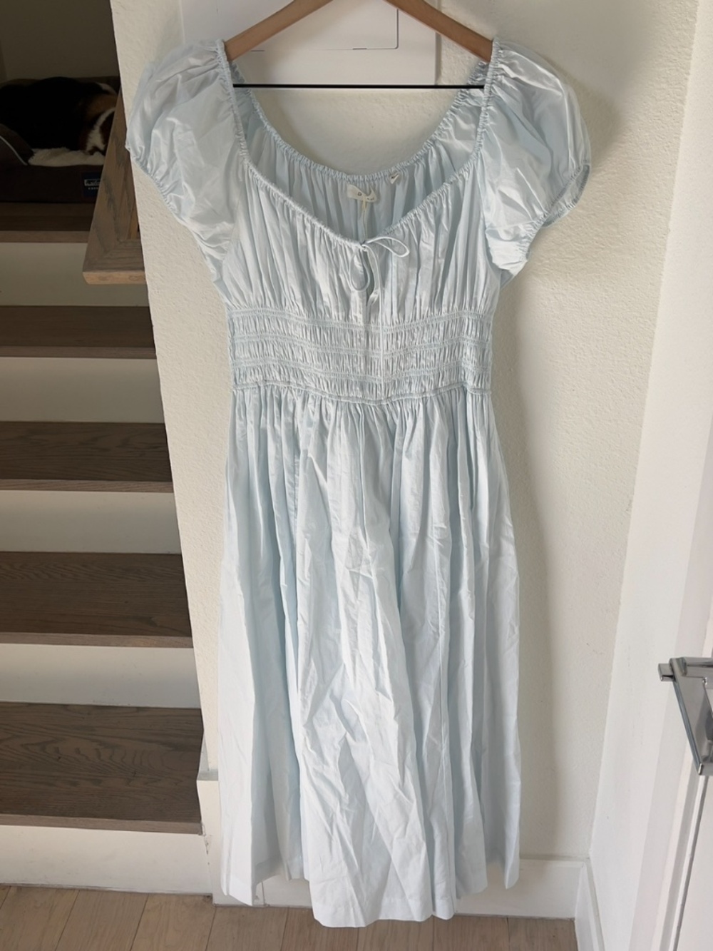 Doen Quinn Tie Detailed Shirred Organic Cotton Poplin Midi Dress in Alice Blue - Picture 3 of 8